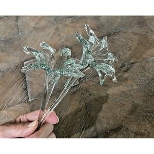 2 Vtg Hand Blown Art Glass Lily Flower Sculpture  Lt. Green Stem Murano Style